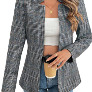 Women's Plaid Blazer Open Front Stand Collar Houndstooth Suit Boyfriends Jacket for Work Casual