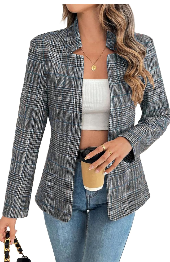 Women's Plaid Blazer Open Front Stand Collar Houndstooth Suit Boyfriends Jacket for Work Casual