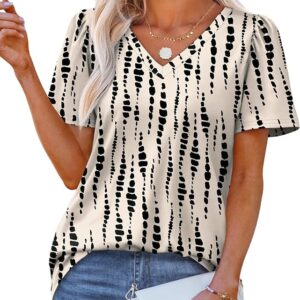 V Neck Dressy Casual Blouses Puff Short Sleeve Loose Fit