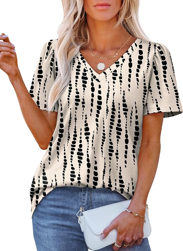 V Neck Dressy Casual Blouses Puff Short Sleeve Loose Fit