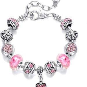 Pink Hearts Silver Plated Charm Bracelet