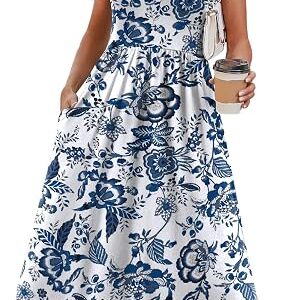 Flowy Casual A-Line Midi Dress Beach Vacation Sundresses with Pockets