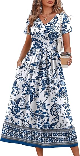 Flowy Casual A-Line Midi Dress Beach Vacation Sundresses with Pockets